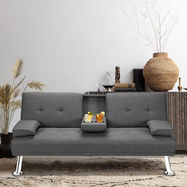 Forclover 66 In Gray Linen Convertible, Twin 66 1 Tufted Back Convertible Sofa Futon Couch