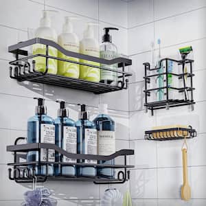 Shower Caddy, Adhes Bathroom Shelf Wall Mounted, in Black-4 Pack