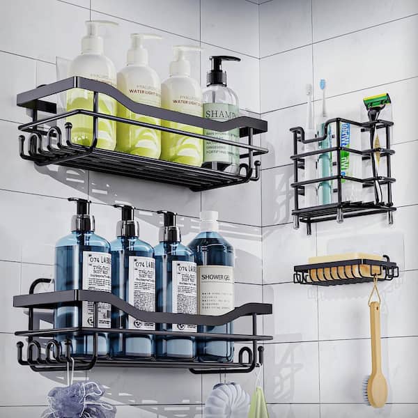 Dyiom Shower Caddy, Adhes Bathroom Shelf Wall Mounted, in Black-4 Pack