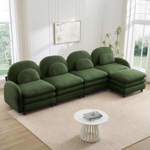 Keaton 129.1 in. Flared Arms Fabric L-Shaped Sectional Sofa in Green, Curved Backrest, Curved Lumbar Pillows, Ottoman