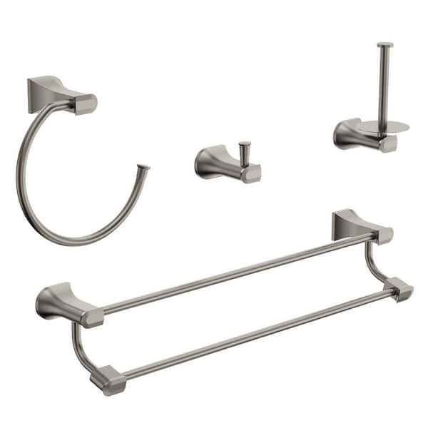4-Piece Bath Hardware Set with Towel Hook, Towel Rack, Towel Ring, Paper Towel Holder in Brushed Nickel