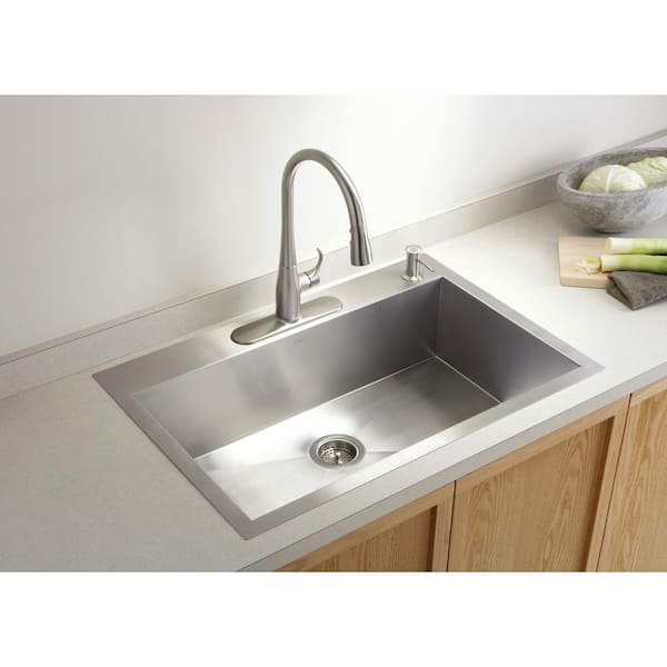 Vault Drop-In Stainless Steel 33 in. 4-Hole Single Bowl Kitchen Sink with Basin Rack