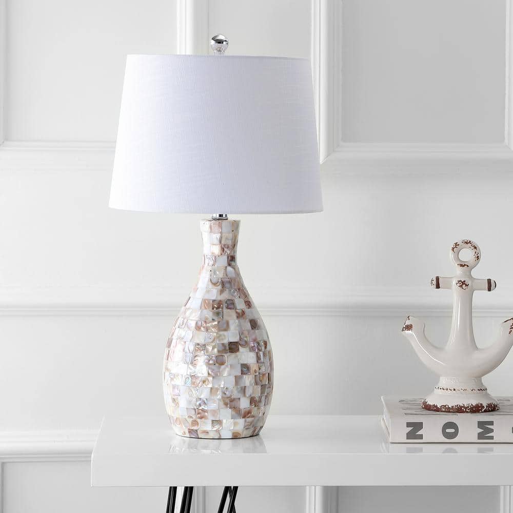 Ivory and Beige Capiz Shell Mosaic Table Lamp with White Linen Shade