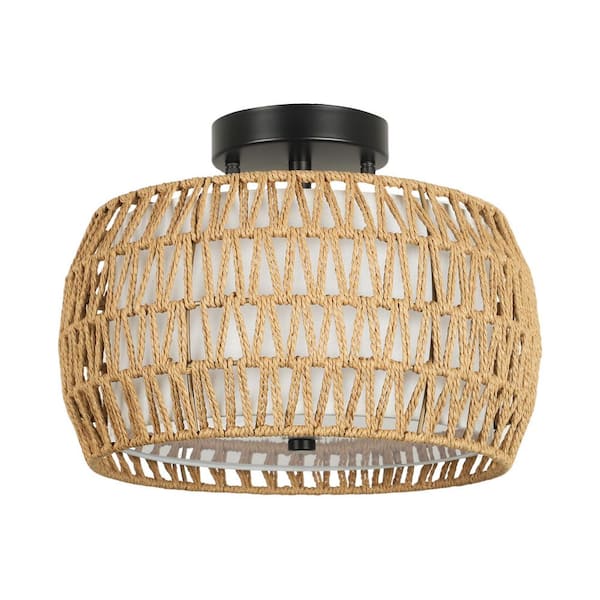 12.6 in. 3-Light Brown Boho Rattan Semi Flush Mount Ceiling Light Fixture with Fabric and Rattan Shade