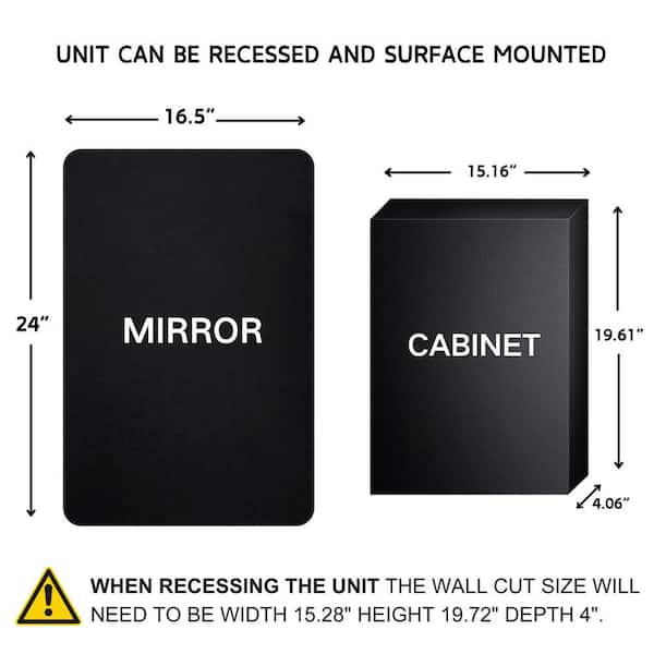 TEHOME 16.5-in x 24-in Surface/Recessed Mount Matt Black Mirrored Soft Close Medicine Cabinet