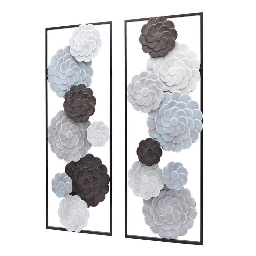 Large Black and Gray Metal Floral Wall Art Panels, Set of 2