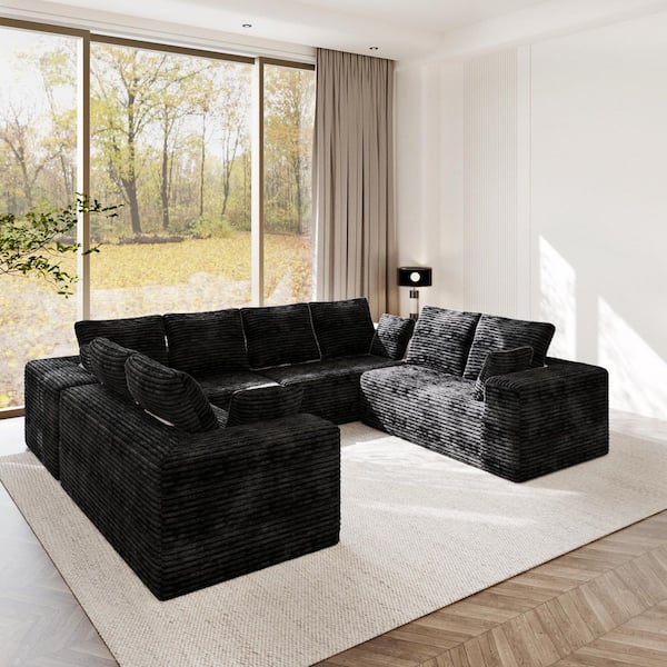134 in. Square Arm Modern Corduroy Fabric U-Shaped 4-Pieces Free Combination Sectional Sofa in Black