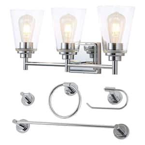 22.5 in. 3-Light Chrome 5-Piece All-In-One Bath Set Vanity Light with Glass Shade