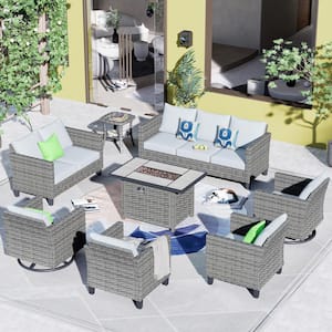 New Star Gray 8-Piece Wicker Patio Rectangle Fire Pit Conversation Seating Set with Gray Cushions and Swivel Chairs