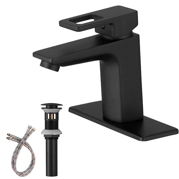 HOMEMYSTIQUE Single Handle Waterfall Vanity Faucet in Matte Black with Deck Plate and Drain