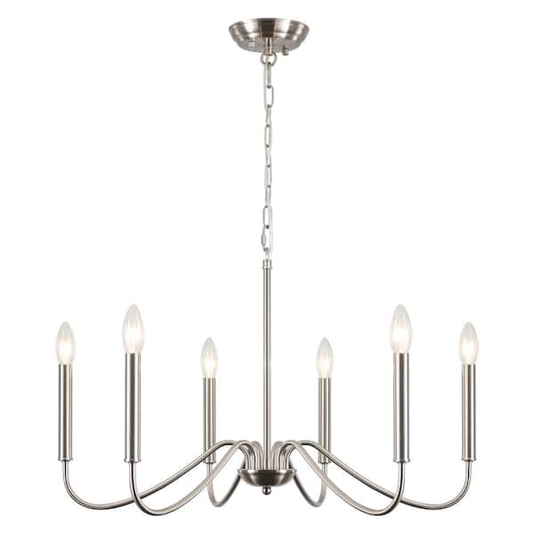 6-Light Nickel/Sliver Candle Design Hanging Linear Chandelier Lighting for Kitchen Island