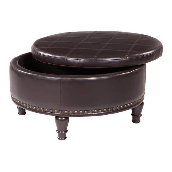 Osp Home Furnishings Augusta Espresso, Round Leather Ottoman With Storage
