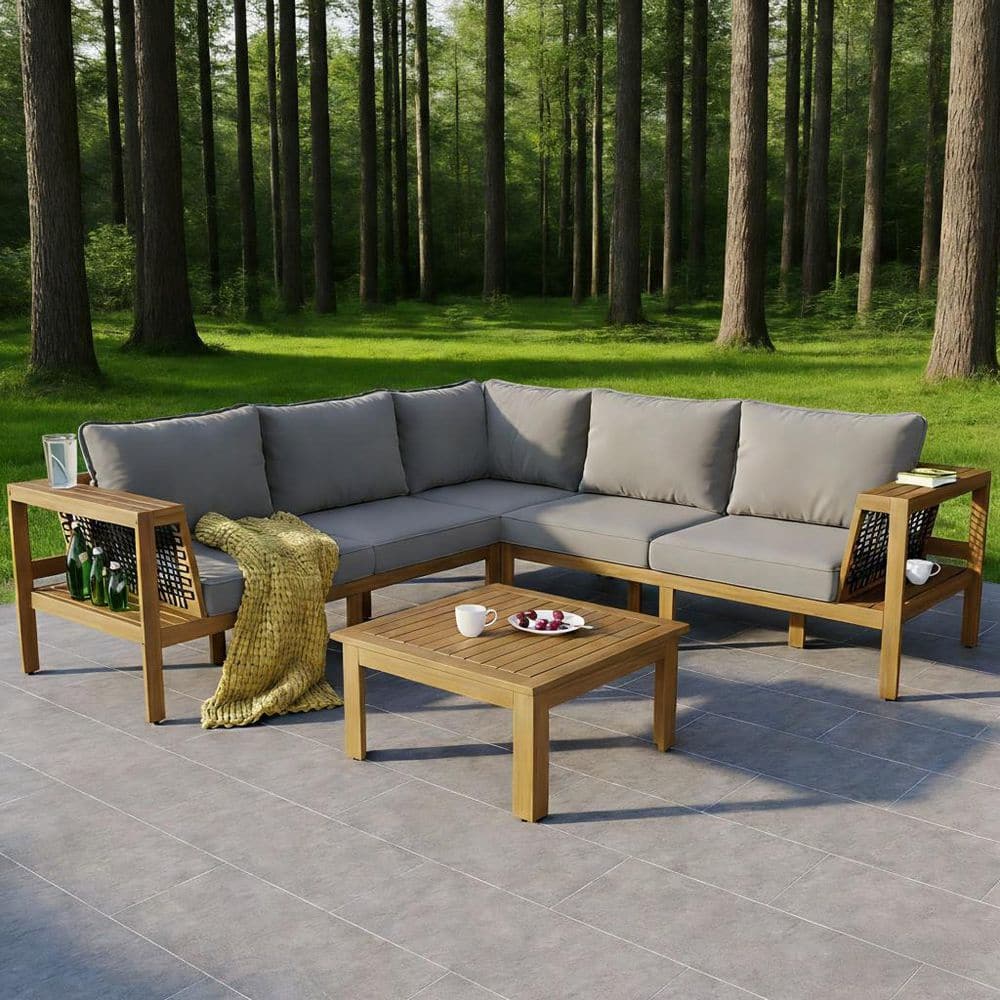 4-Piece Brown Acacia Wood Outdoor Sectional Set with Gray Cushions and a Coffee Table for Backyard price history on PriceWatchPro