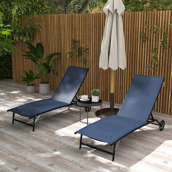 Sudzendf 2-Piece Metal Outdoor Chaise Lounge with Mesh Fabric Seat Wheels Tanning Chair with 5 Adjustable Positions in Dark Blue