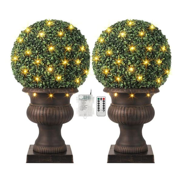 1.67 FT 2PC Artificial Topiary Ball,50 Light Boxwood Balls with 8 Mode,Battery Operated,Lighted with Light Copper Pot