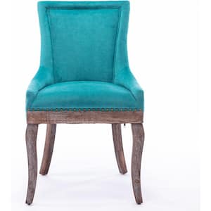 2pcs Blue Fabric Upholstered Dining Chairs Padded Accent Side Chair with Nail-head Trim and Solid Wood Legs Set of 2