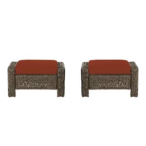 Laguna Point Brown Wicker Outdoor Patio Ottoman with CushionGuard Quarry Red Cushions (2-Pack)
