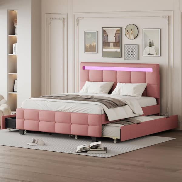 Harper & Bright Designs Pink Wood Frame Queen Size Linen Upholstered Platform Bed with LED Lighted Headboard, Twin XL Trundle, 2-Drawers