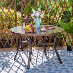 Black Round Metal Patio Outdoor Dining Table with 1.97 in. Umbrella Hole and Wood-Look Tabletop