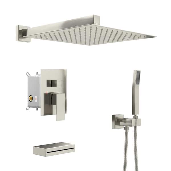 Dimakai 1-Spray 10 in. Square Wall Mount Fixed Dual Handheld Shower Head 1.8 GPM with Waterfall Tub Faucet in Brushed Nickel