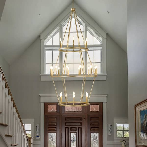 Modern 24-Light Gold 3-Tier Wagon Wheel Farmhouse Industrial Chandelier Rustic Candle Pendant Light