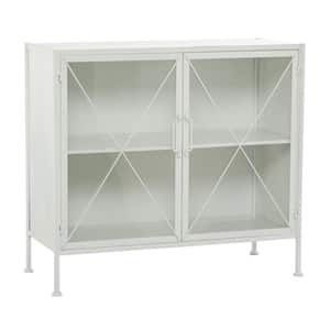 White Metal 1 Shelf and 2 Doors Geometric Cabinet with Glass Front Panels