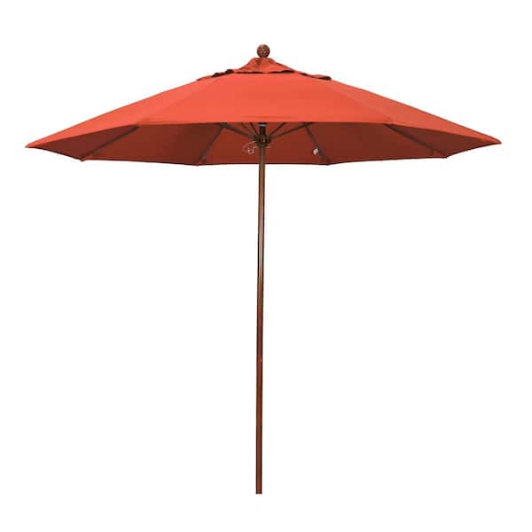 California Umbrella 9 ft. Woodgrain Aluminum Commercial Market Patio Umbrella Fiberglass Ribs and Push Lift in Sunset Olefin