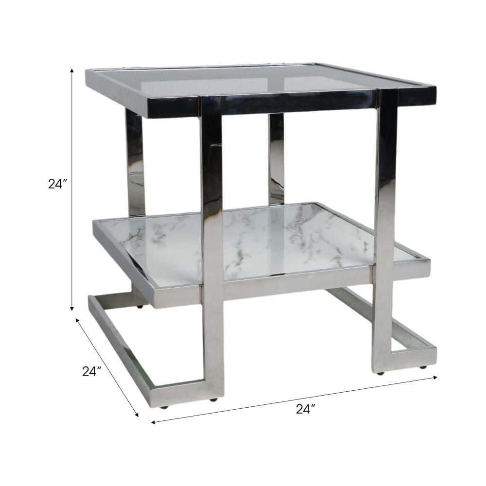 Elegant Silver & Marble Mirrored Side Table with Geometric Base