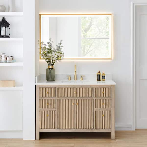 Altair Cerrito 48" Single Sink Freestanding Nature Oak Bath Vanity with Grain White Engineered Stone Top Assembled and Mirror
