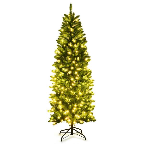 Gymax 6 ft. Pre-lit Pencil Hinged Fir Tree Holiday Decor Artificial Christmas Tree with LED Lights