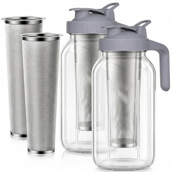 64oz Glass Cold Brew Coffee Maker Mason Pitcher with Spout Lid Handle Stainless Steel Filter Iced Tea Lemonade Jar 2PCS
