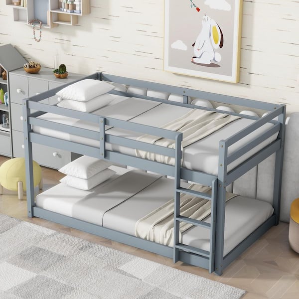 Harper & Bright Designs Gray Twin over Twin Floor Bunk Bed with Ladder