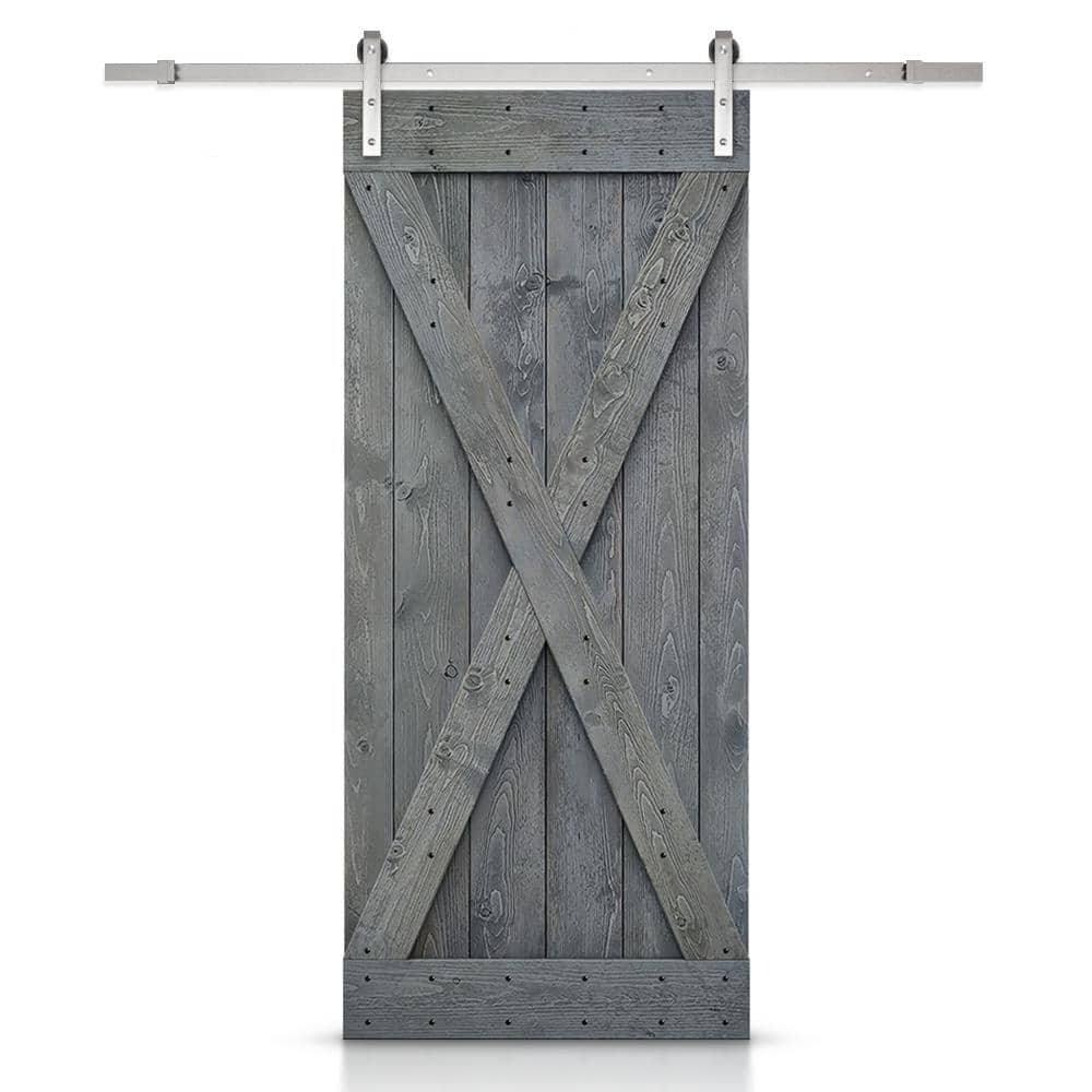 CALHOME X Series 36 in. x 84 in. Gray Knotty Pine Wood Interior Sliding Barn Door with Stainless Steel Hardware Kit