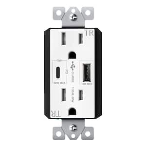 15 Amp Duplex Receptacle, 60-Watt Power Delivery USB Outlet Type A/C, Dual Ports, White