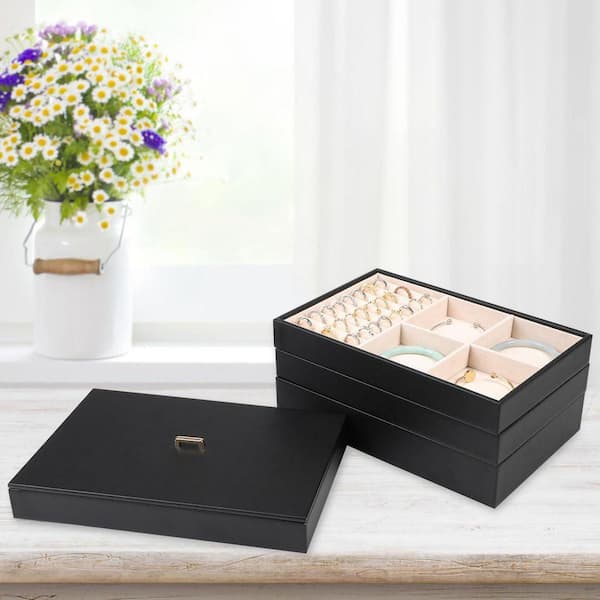 4-Piece Stackable Jewelry Organizer Tray with Lid-PU Leather