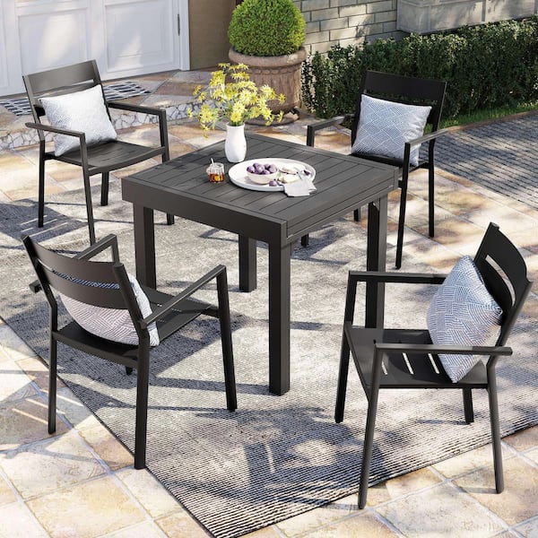 5-Piece Aluminum Rectangular Outdoor Dining Set with Expandable Table and Stackable Arms Chairs in Black