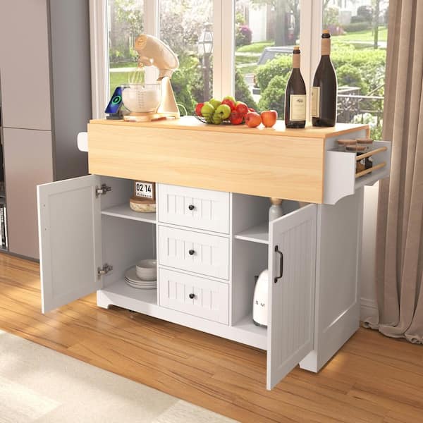 White Rubber Wood Kitchen Cart with Drop Leaf and Power Outlet