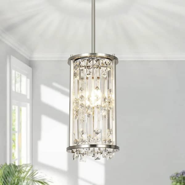 Jasslynn 60 Watt 1 Light Elegance Brushed Nickel Pendant Light with Cylinder Crystal Shade for Kitchen Foyer Bathroom
