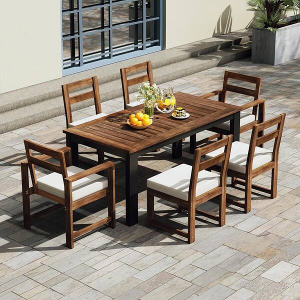 Cesicia 7-Piece Mocha Acacia Wood Outdoor Dining Set Patio Conversation Set with Removable Beige Cushion and Umbrella Hole