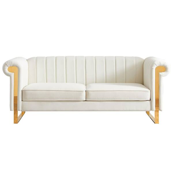 Unbranded Modern 83 in. Wide Rolled Arm Velvet Straight Sofa in Beige with Gold Stainless Steel Arm and Legs
