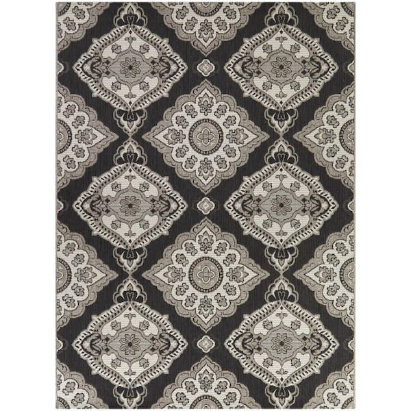 Hampton Bay Oak Hill Black 5 ft. x 7 ft. Medallion Indoor/Outdoor Area Rug