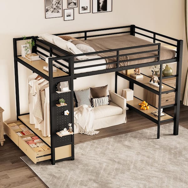 Black Full Wood/Metal Loft Bed with Wardrobe,storage Shelves and Pegboard