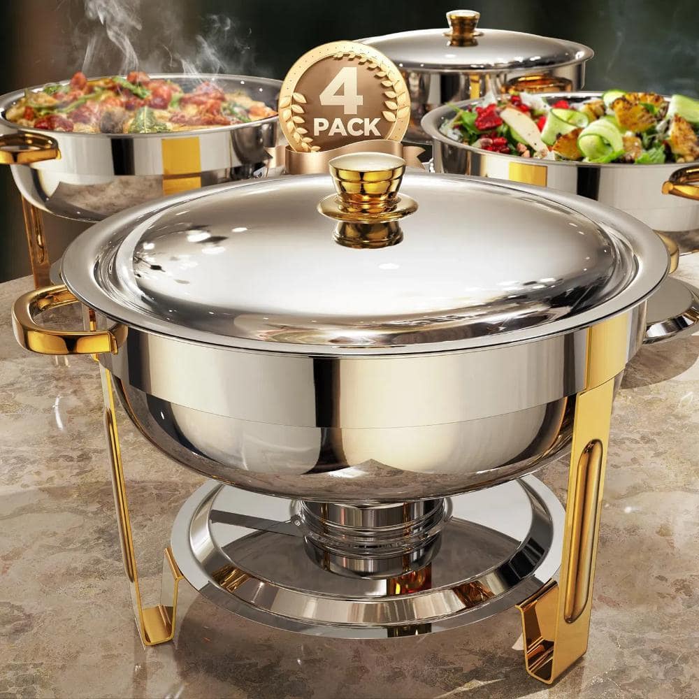 5 qt. Gold Stainless Steel Chafing Dish Buffet Set, Round Chafers and Buffet Warmers Sets, 4 Pack