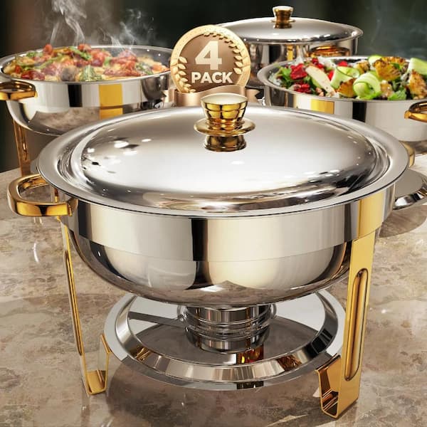 PRIMEPLUS 5 qt. Gold Stainless Steel Chafing Dish Buffet Set, Round Chafers and Buffet Warmers Sets, 4 Pack