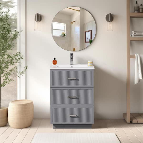 FUNKOL 18.25 in. W x 24 in. D x 34.13 in. H 1 Sink Freestanding Bath Vanity in Gray with White Ceramic Top and 3 Drawers