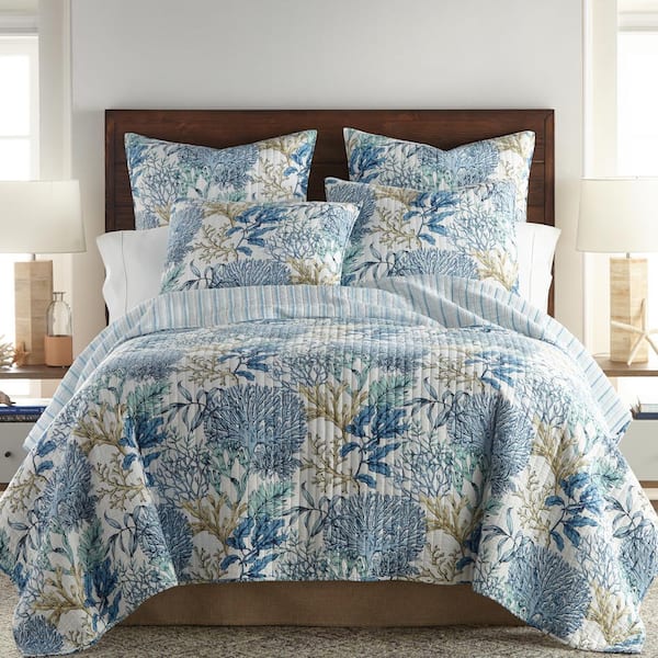 LEVTEX HOME Mahina 3-Piece Blue, Taupe and White Cotton King/California King Quilt Set