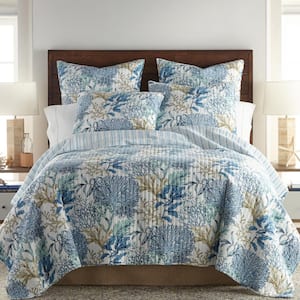 Mahina 3-Piece Blue, Taupe and White Cotton Full/Queen Quilt Set