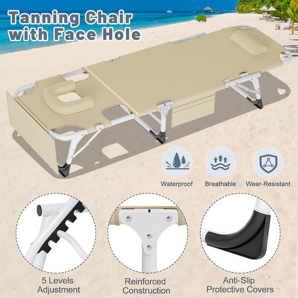 Folding Camping Cot, Steel Frame Adjustable Reclining Chaise with Removeable Cushion and Headrest, Dark Gray Cushion