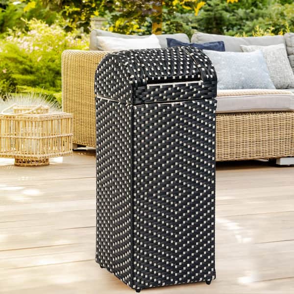 happimess - Darla 14.27 Gal. All-Weather Wicker/Metal Swing Top Lid Hideaway Outdoor Trash Can, Dark Navy/White