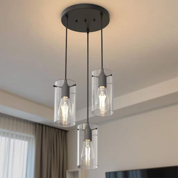 10 in. 3-Light Matte Black Vintage Cluster Pendant Light Fixture with Large Clear Glass for Dining Table